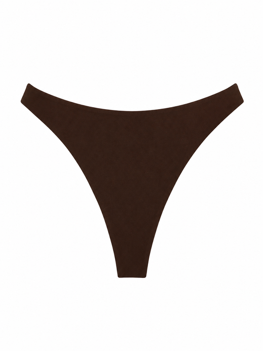 A solid dark brown bikini bottom with a high rise silhouette, shown flat against a plain white background.