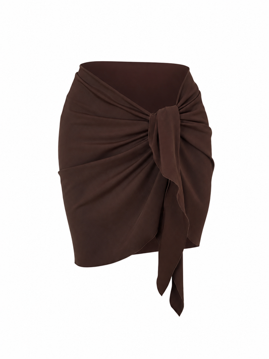A dark brown wrap mini skirt with a large twisted knot at the front and a side tie, shown against a plain white background.
